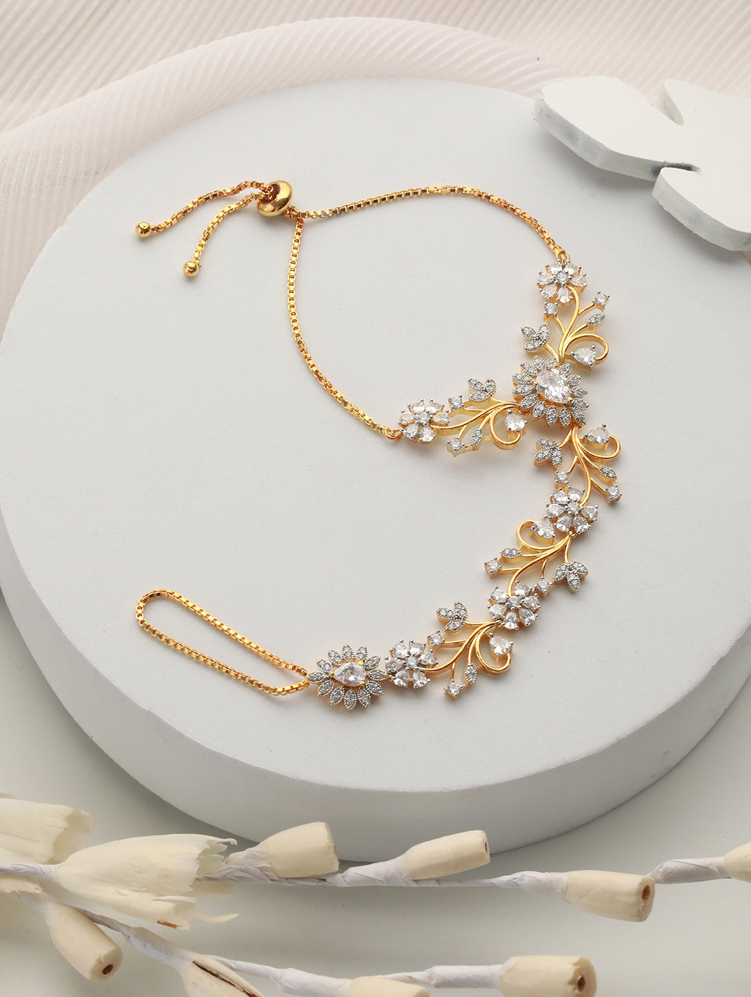 Gold Plated CZ Studded Statement hathphool Ring Bracelet